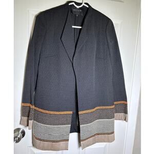 Lafayette 148 Black Coral Tweed Stripe Long Blazer Jacket Leather Trim Small
